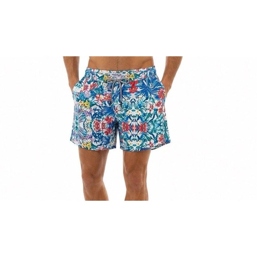 Maamgic Mens Tropical Floral Swim Trunks Blue Orange Board Shorts Size XL